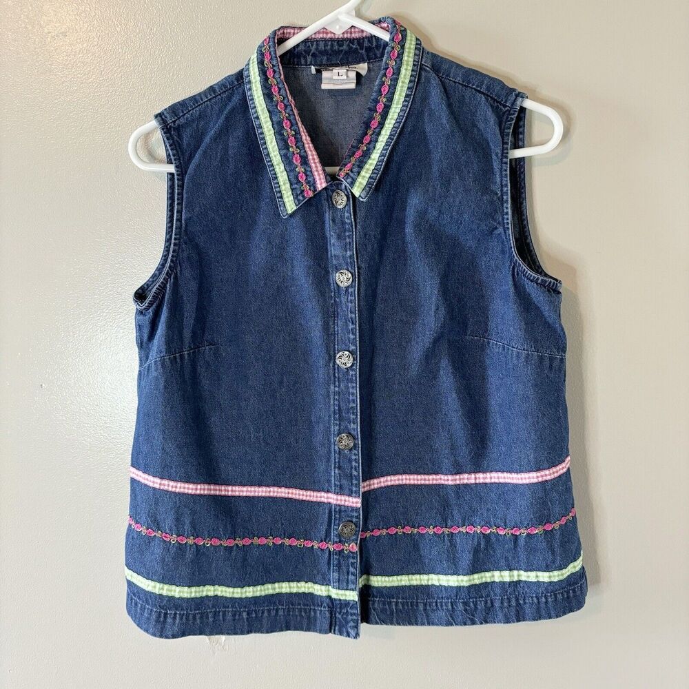 Vintage Samantha Edwards Denim Vest Ribbon Accents Sleeveless Jacket 80’…